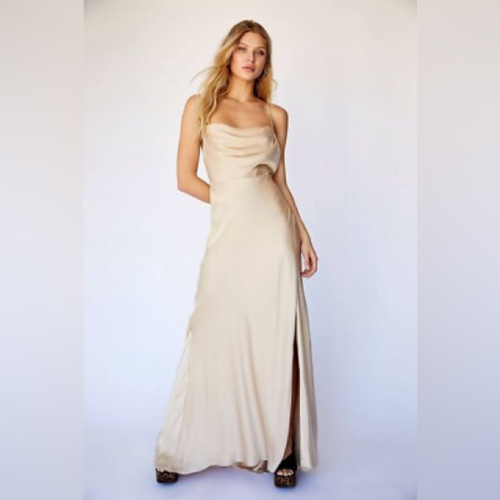 FAME AND PARTNERS Rosabel Light Nude Cowl Neck Silky Maxi Dress